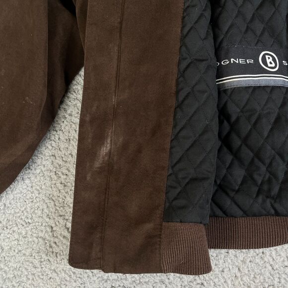 Bogner Bomber Jacket Mens 36 Brown Faux Suede Vegan Quilted Lined Full Zip Snap - Picture 8 of 16
